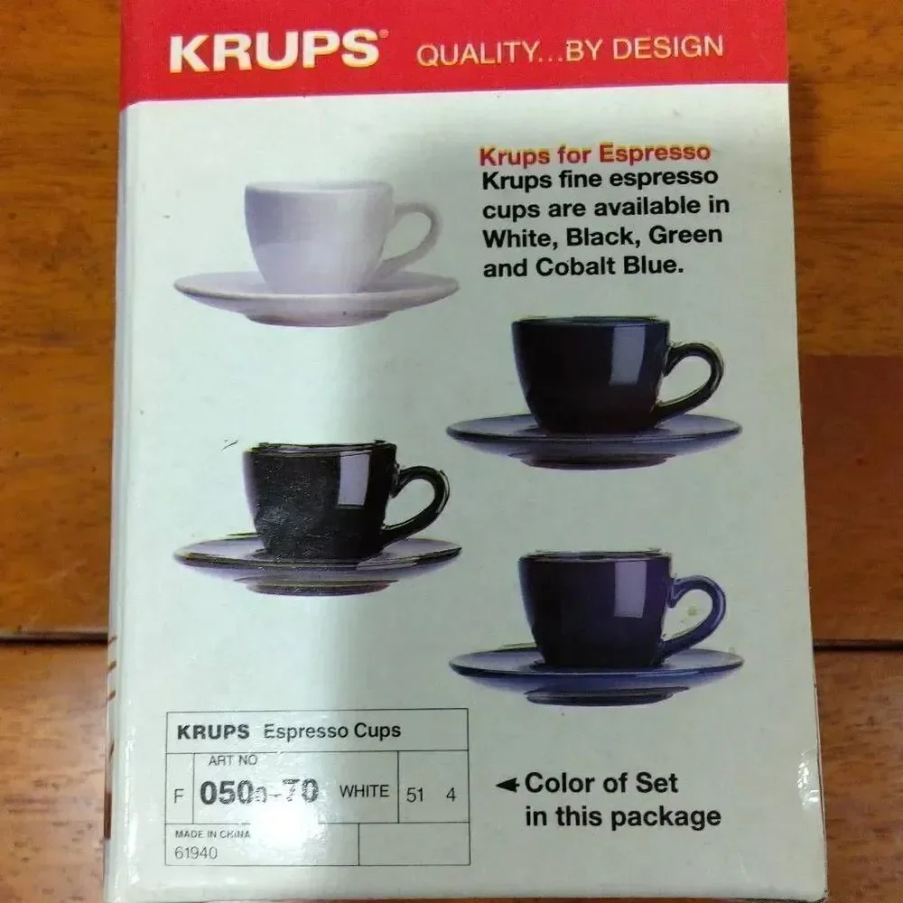 2 Krups Espresso Cup Sets, 4 2 1/2 Espresso Cups with Saucers, White Stoneware.